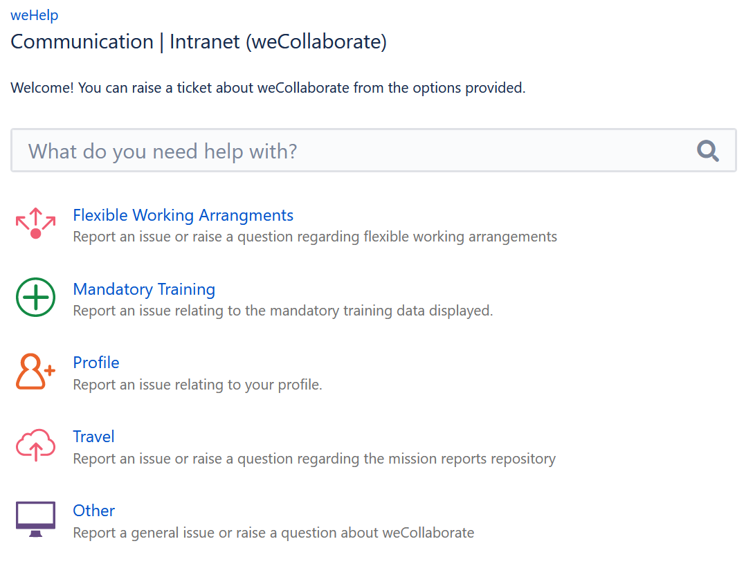 weCollaborate learning resources > Using the UNEP Service Desk (weWork and weHelp) > image2020-5-28_6-56-50.png
